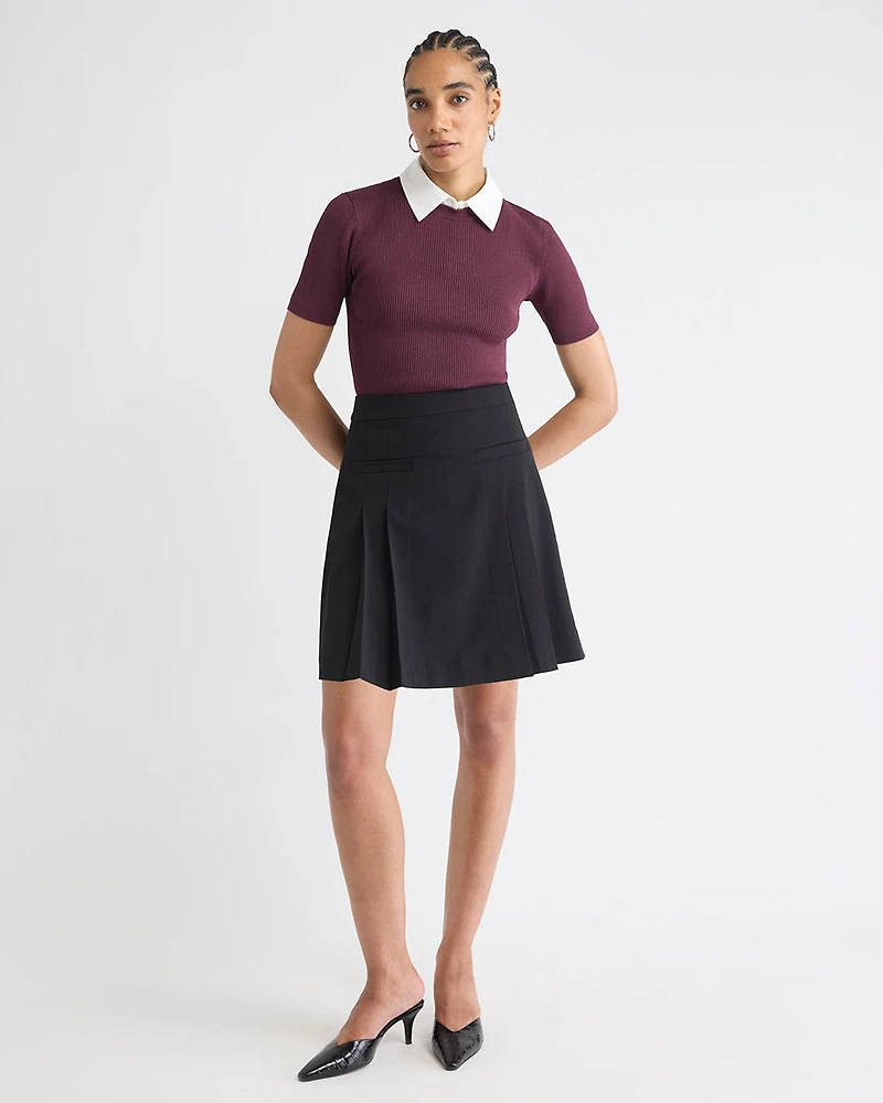 Elbow-Sleeve Ribbed Sweater with Removable Shirt Collar