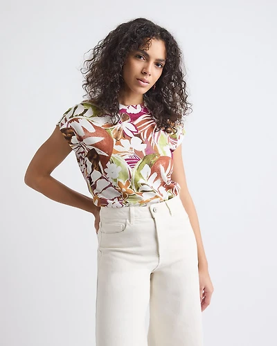 Extended-Sleeve Crew-Neck Linen-Blend Top