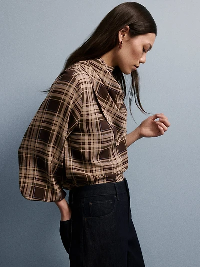 Long-Sleeve Popover Blouse with Scarf Neckline