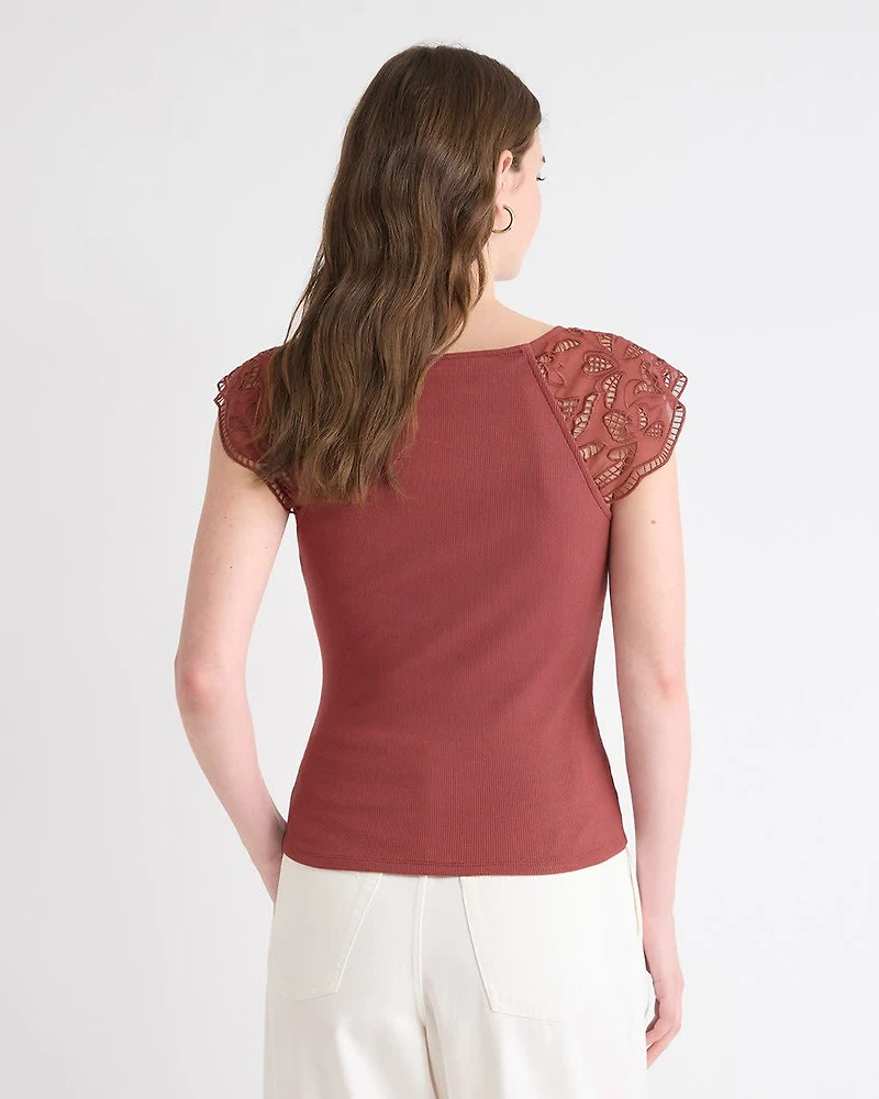 V-Neck Ribbed Top with Short Flutter Sleeves