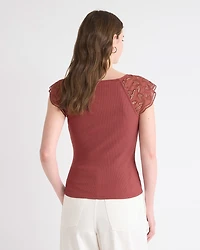 V-Neck Ribbed Top with Short Flutter Sleeves