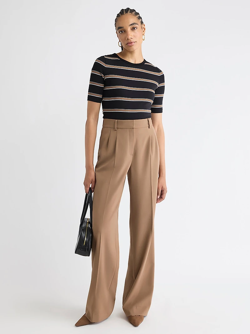 Striped Elbow-Sleeve Crew-Neck Fitted Tee