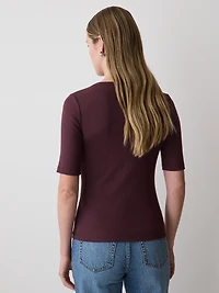 T-Shirt Côtelé à Manches aux Coudes et Col Rond