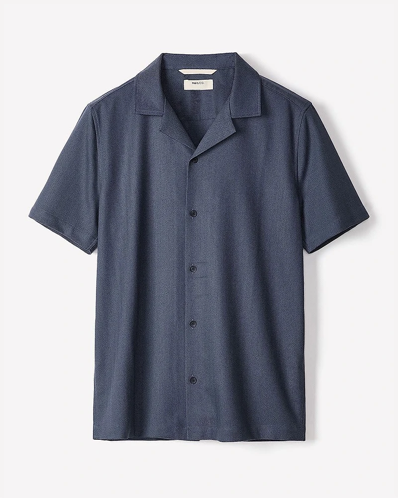 Short-Sleeve Herringbone Shirt with Camp Collar
