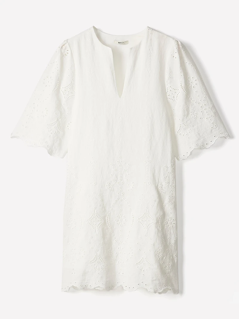 Split-Neck Flare Mini Dress with Embroideries