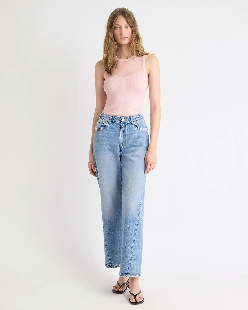 Crew-Neck Ribbed Cami with Sheer Yoke