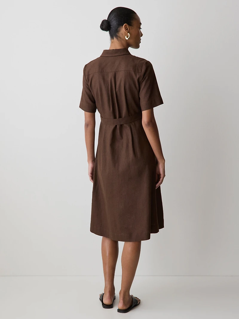 Short-Sleeve Linen-Blend Midi Dress with Shirt Collar