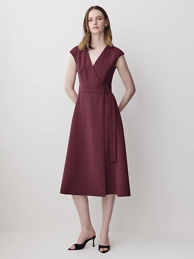 Extended-Sleeve V-Neck Wrap Midi Dress