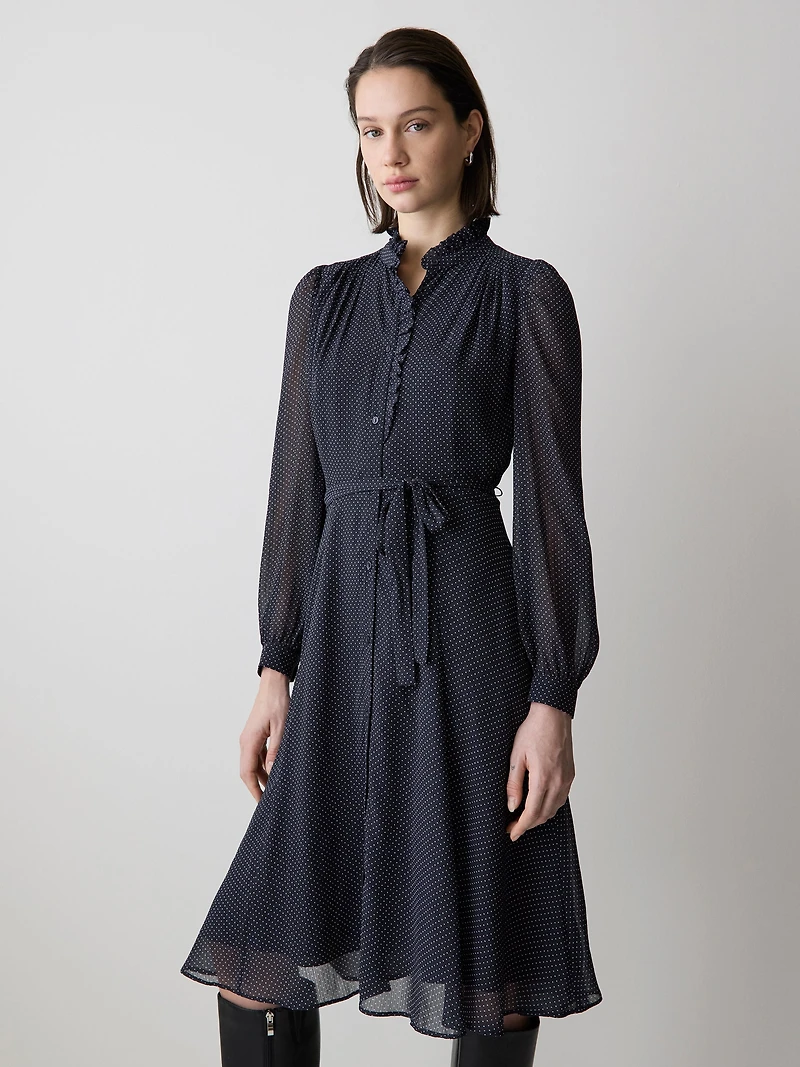 Long-Sleeve Mock-Neck Buttoned-Down Midi Dress