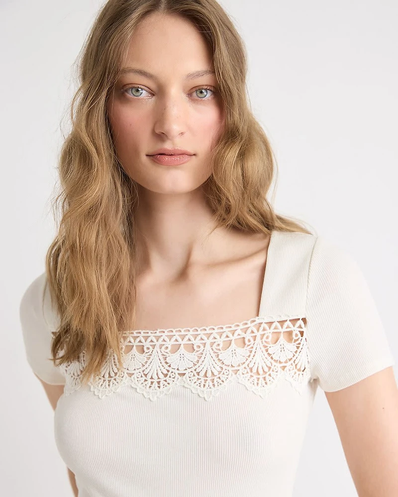 Short-Sleeve Square-Neck Ribbed Top