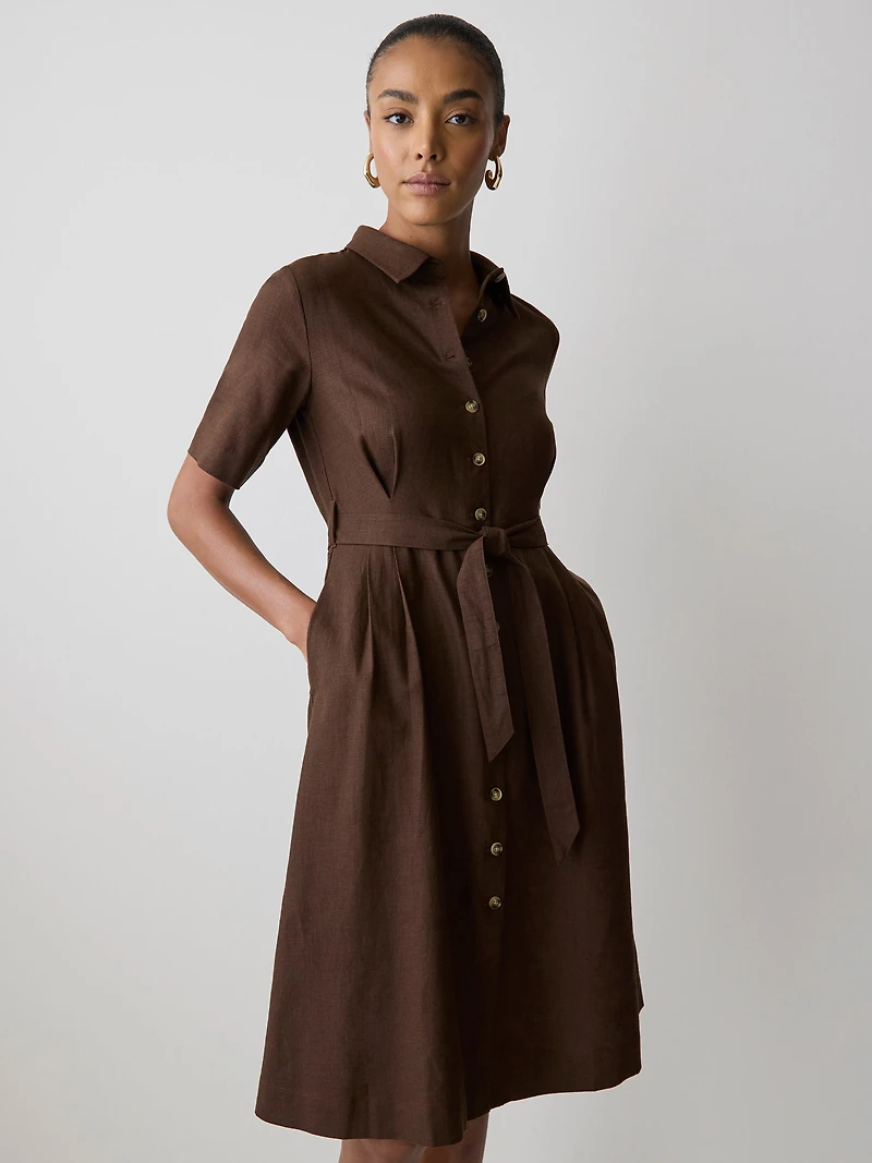 Short-Sleeve Linen-Blend Midi Dress with Shirt Collar