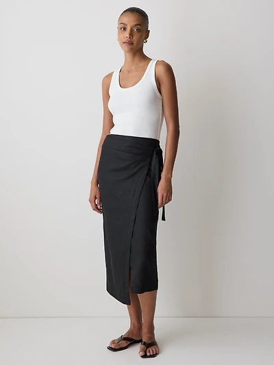 Linen-Blend Straight Midi Skirt with Wrap Front
