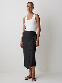 Linen-Blend Straight Midi Skirt with Wrap Front