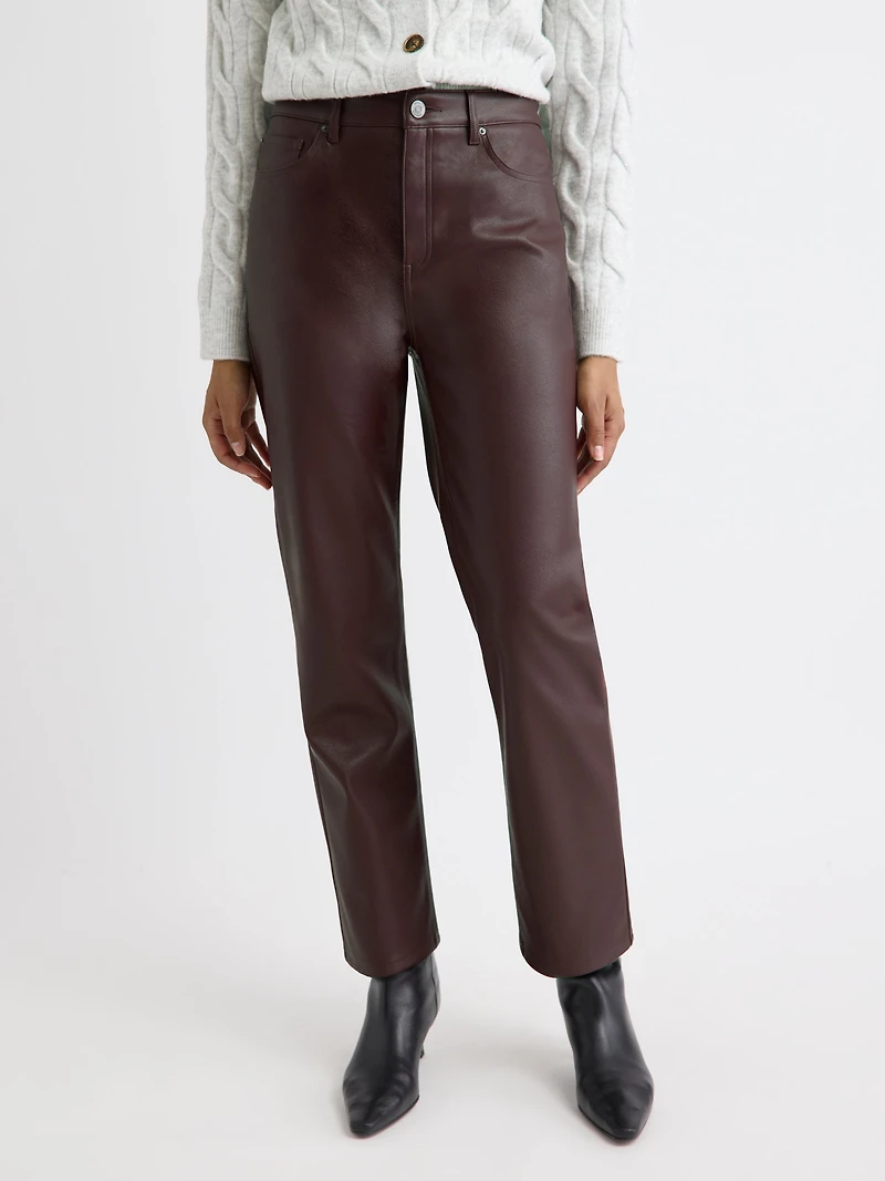 Pantalon Taille Haute en Faux Cuir à Jambe Droite