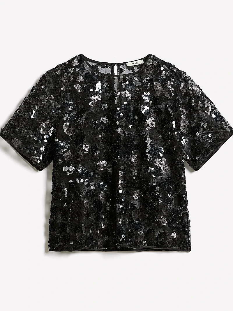 Short-Sleeve Crew-Neck Sequins Popover Blouse
