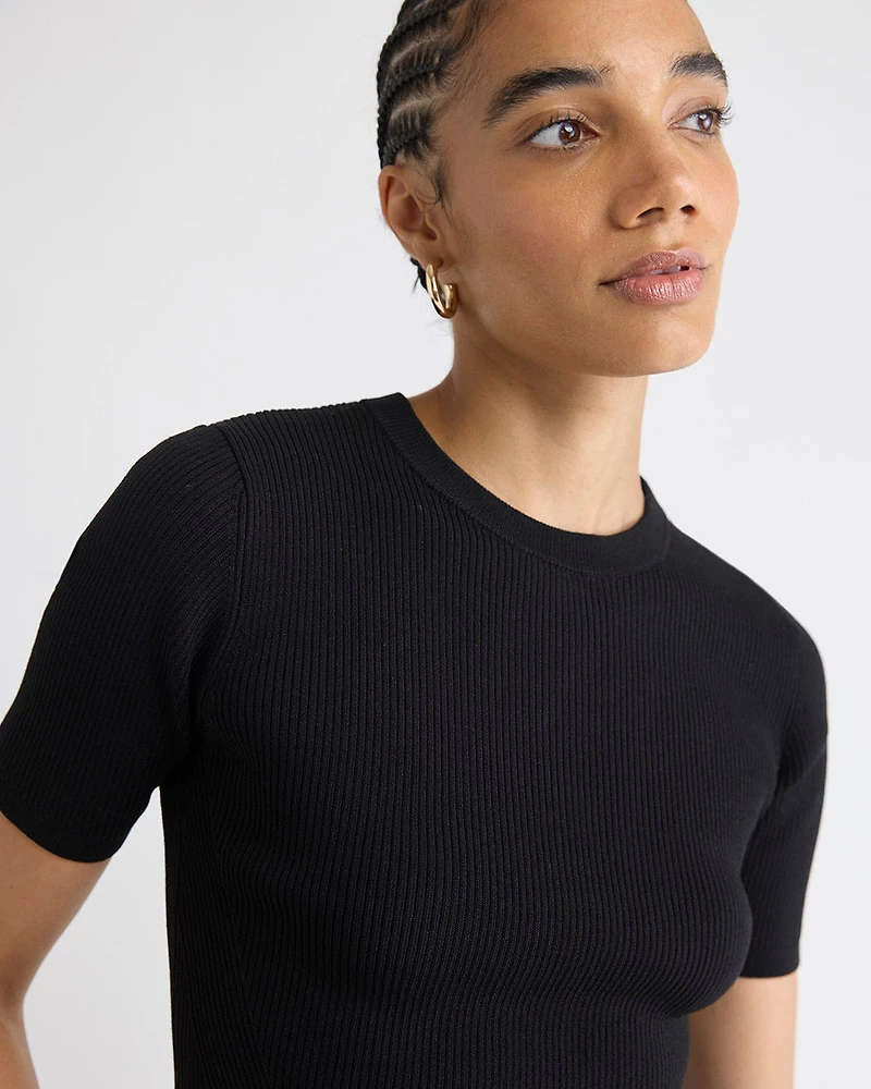 Elbow-Sleeve Ribbed Sweater with Removable Shirt Collar