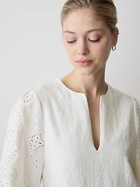 Split-Neck Flare Mini Dress with Embroideries
