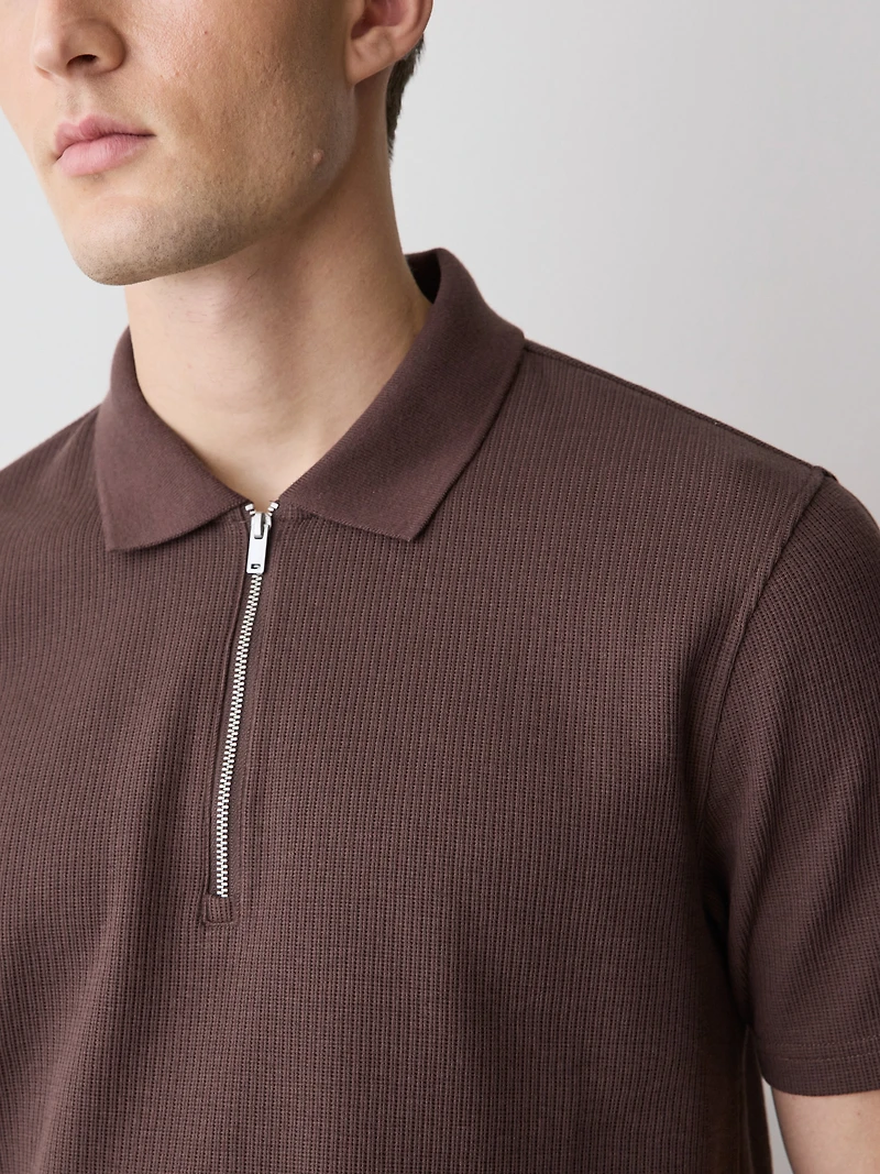 Polo Côtelé à Demi-Zip Manches Courtes
