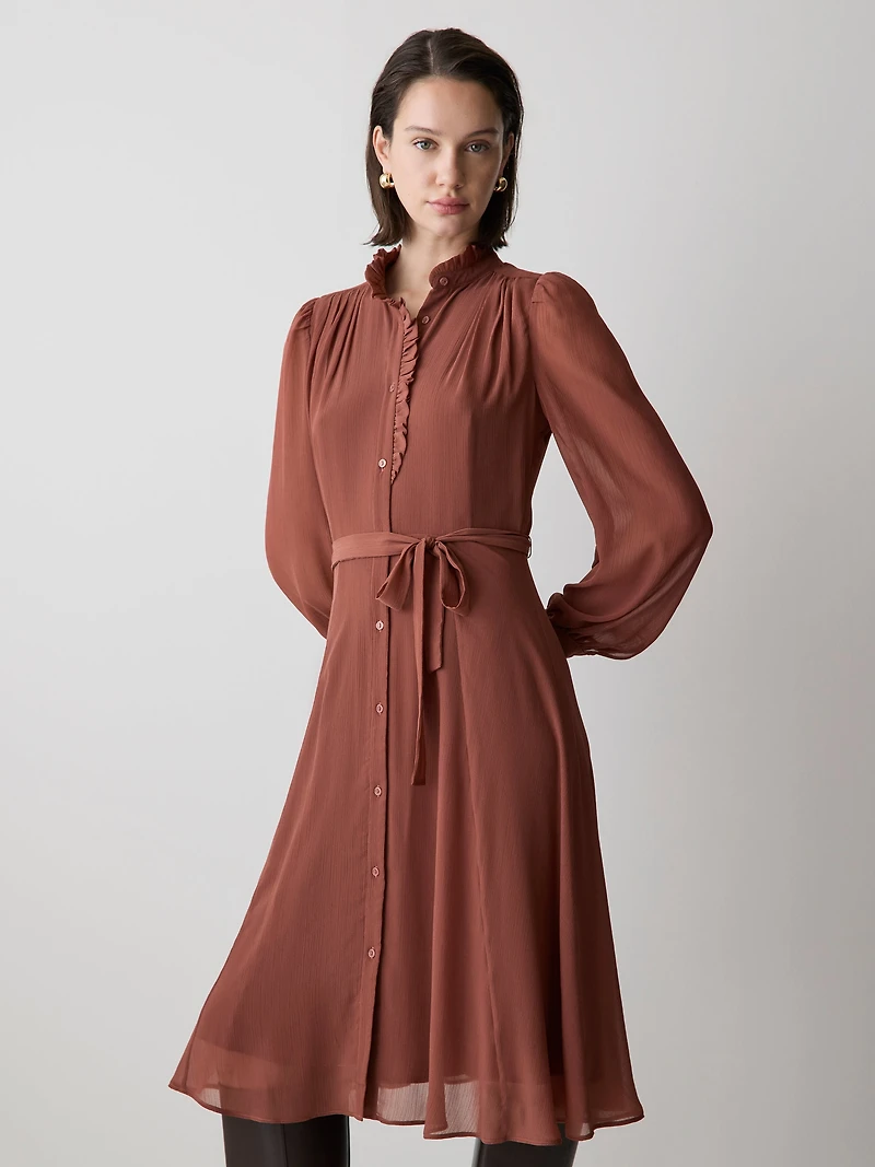 Robe Midi Boutonnée à Manches Longues et Col Montant