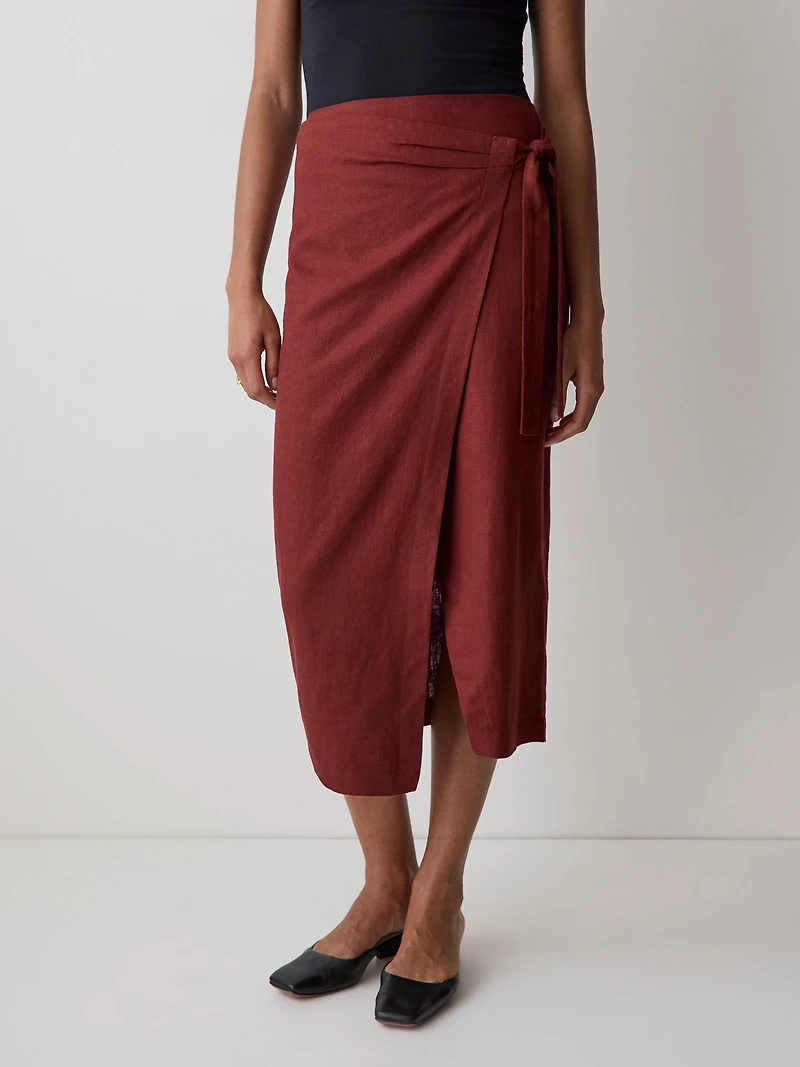 Linen-Blend Straight Midi Skirt with Wrap Front