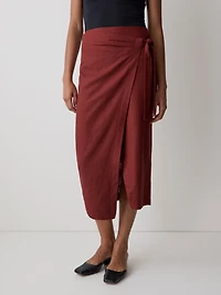 Linen-Blend Straight Midi Skirt with Wrap Front