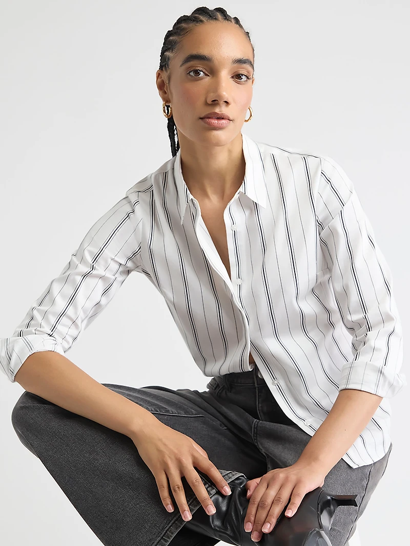 Blouse Boutonnée en Popeline Rayée à Manches Longues