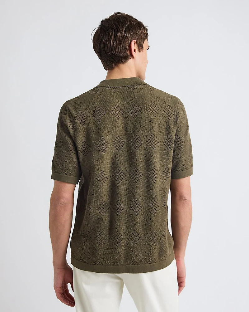 Short-Sleeve Buttoned-Down Argyle Sweater with Camp Collar