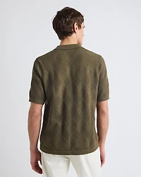 Short-Sleeve Buttoned-Down Argyle Sweater with Camp Collar