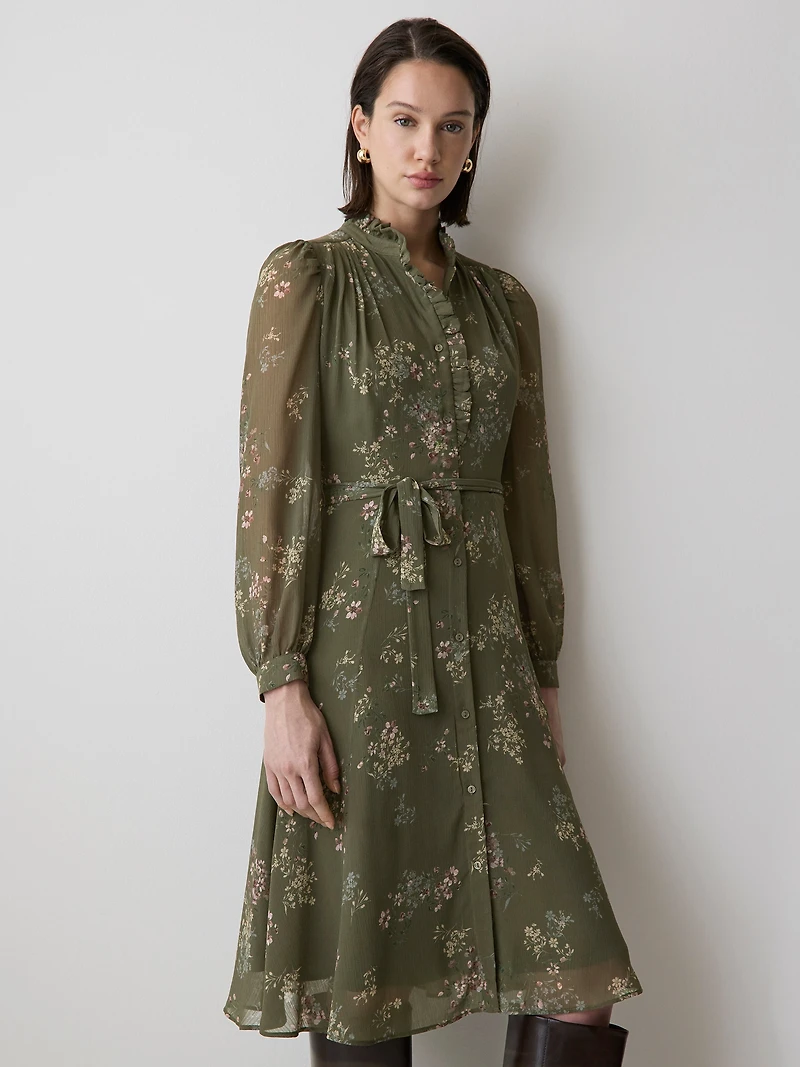 Long-Sleeve Mock-Neck Buttoned-Down Midi Dress