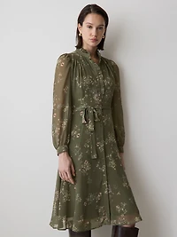 Long-Sleeve Mock-Neck Buttoned-Down Midi Dress