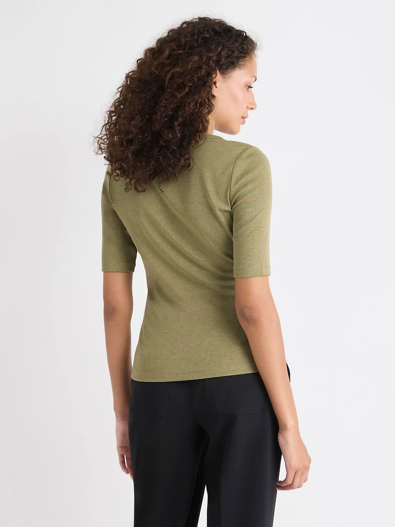 T-Shirt Ajusté à Manches aux Coudes et Col Rond