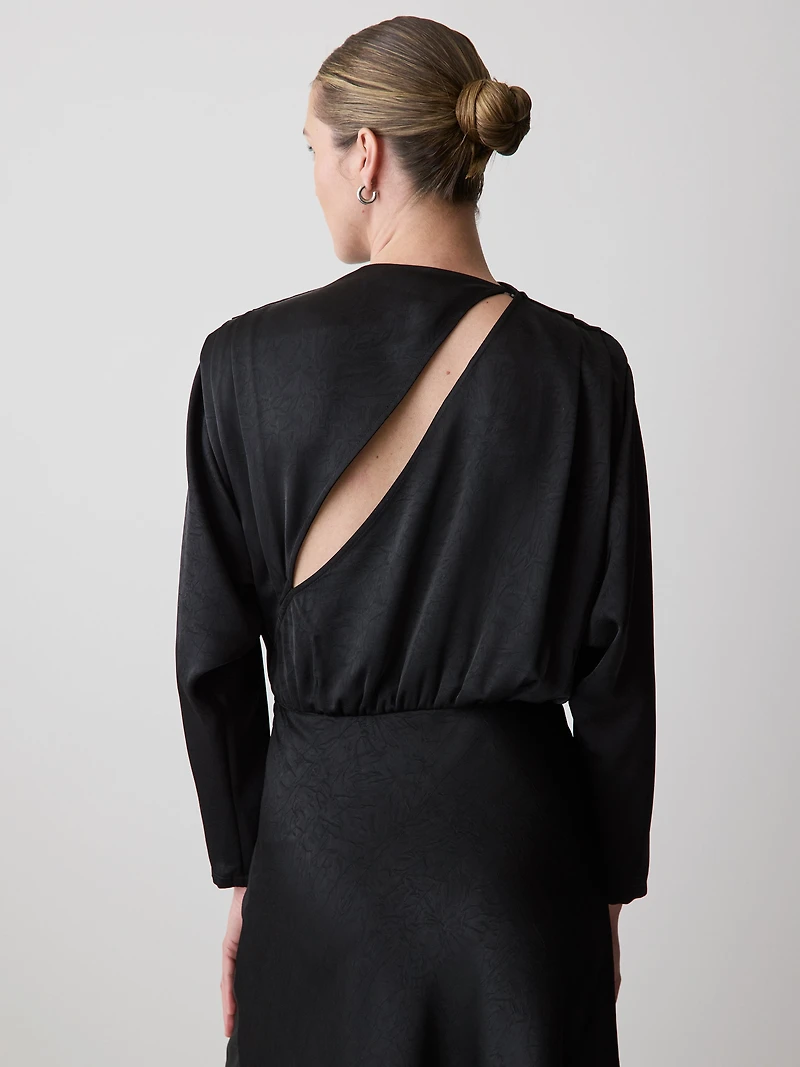 Satin Long-Sleeve Crew-Neck Midi Dress