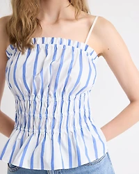 Striped Sleeveless Square-Neck Smocked Poplin Blouse