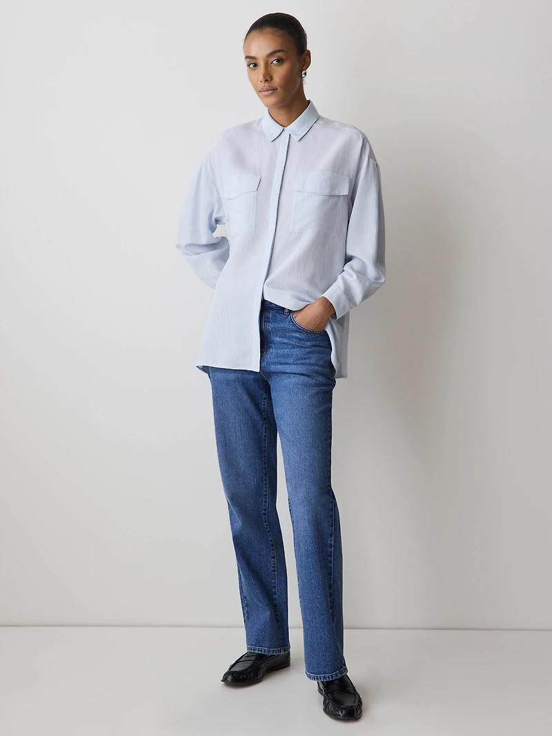 Blouse Boutonnée Rayée à Manches Longues avec Poches