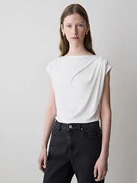 Extended-Sleeve Boat-Neck Top with Pleated Details