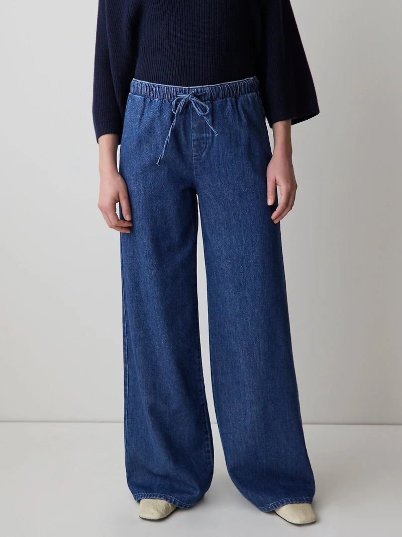 Pantalon en Denim à Jambe Large avec Taille Élastique