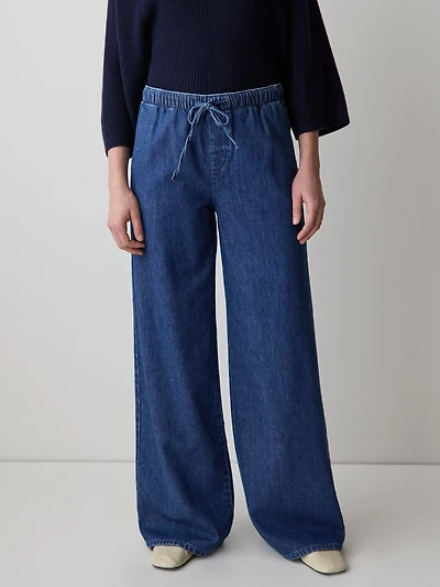 Pantalon en Denim à Jambe Large avec Taille Élastique