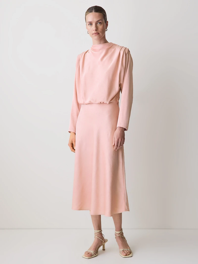 Satin Long-Sleeve Draped Midi Dress