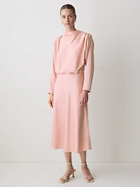 Satin Long-Sleeve Draped Midi Dress
