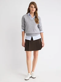 Jupe Mini Plissée en Sergé Carreauté à Taille Très Haute