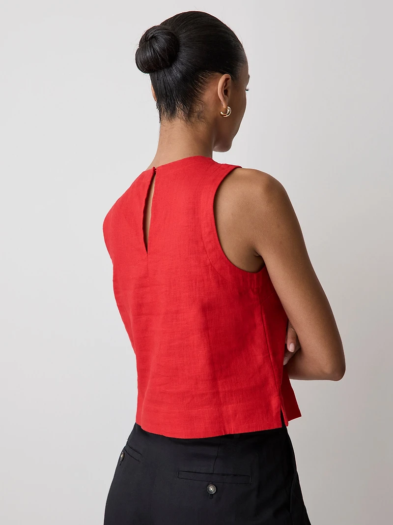Blouse Sans Manches à Col Rond en Mélange de Lin