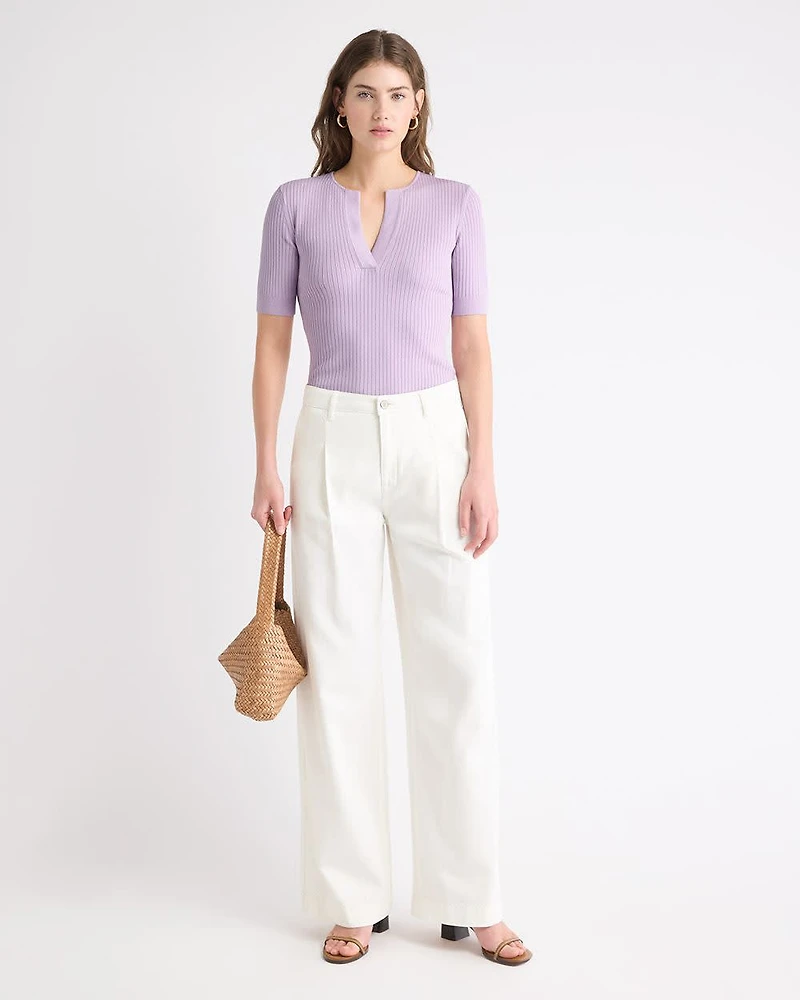 Split-Neck Elbow-Sleeve Ribbed Sweater