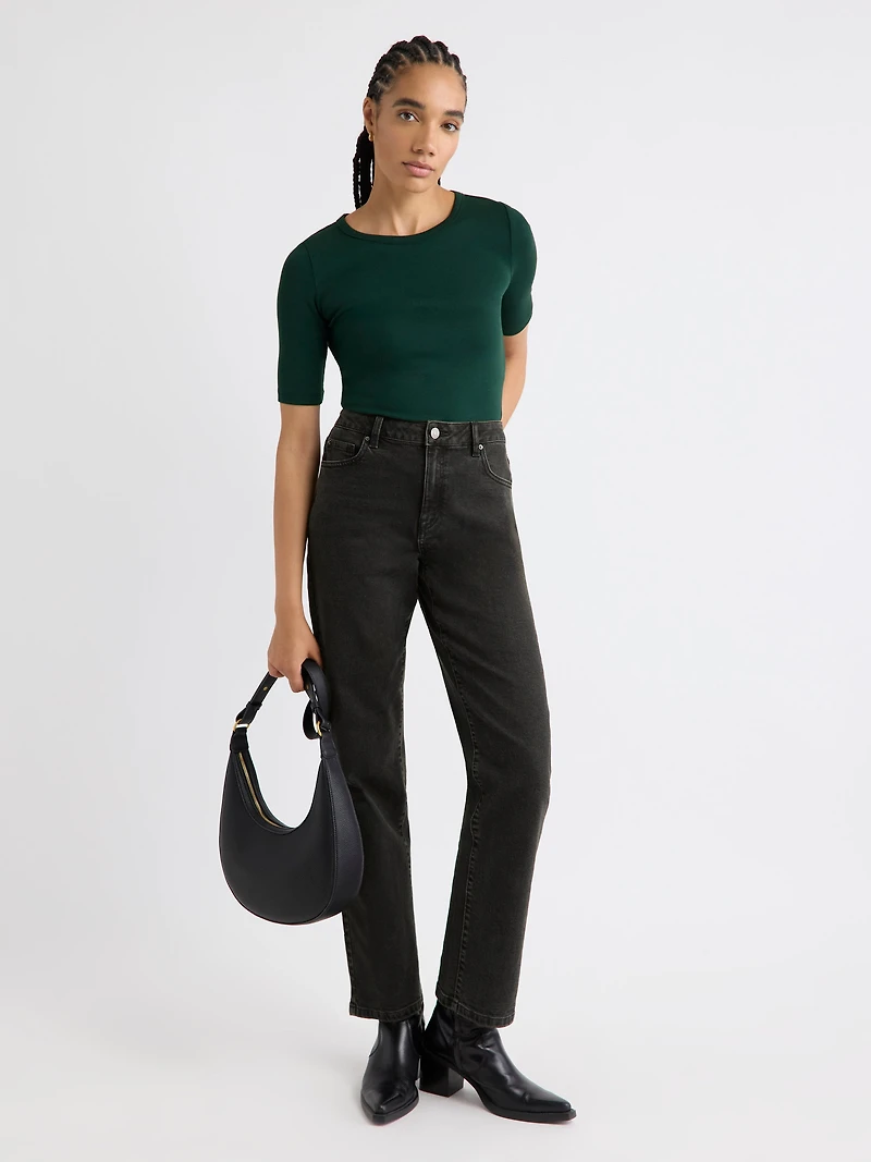 T-Shirt Ajusté à Manches aux Coudes et Col Rond