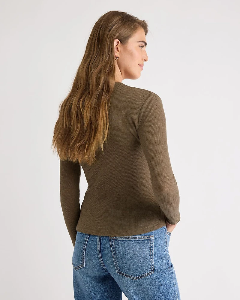 Long-Sleeve Henley-Neck Wool-Blend Ribbed Top