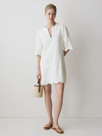 Split-Neck Flare Mini Dress with Embroideries