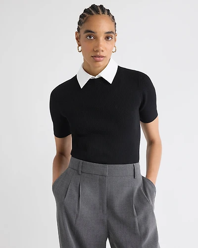 Elbow-Sleeve Ribbed Sweater with Removable Shirt Collar