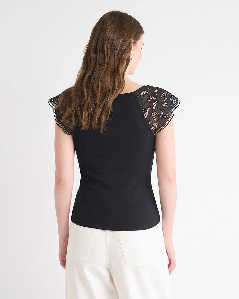 V-Neck Ribbed Top with Short Flutter Sleeves