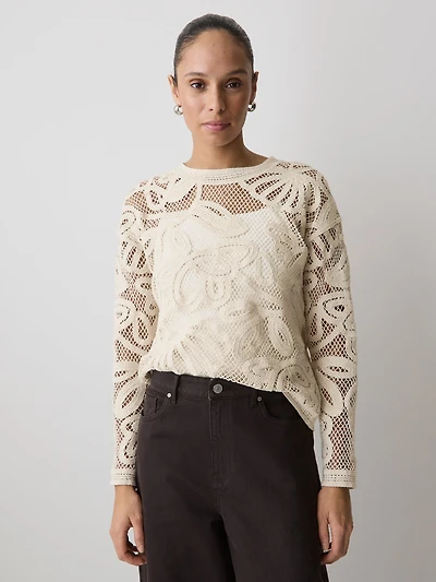 Long-Sleeve Crew-Neck Top with Crochet Details