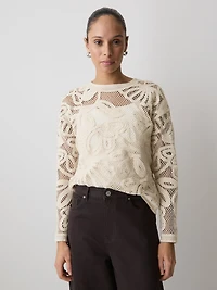 Long-Sleeve Crew-Neck Top with Crochet Details
