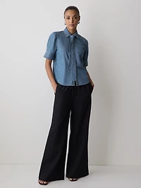 Blouse en Denim à Manches Courtes et Col Chemisier